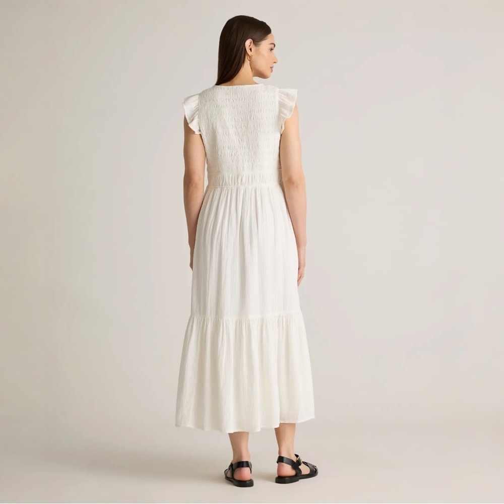 Quince Organic Textured Cotton Smocked V-Neck Midi Dress White Large - Picture 5 of 14